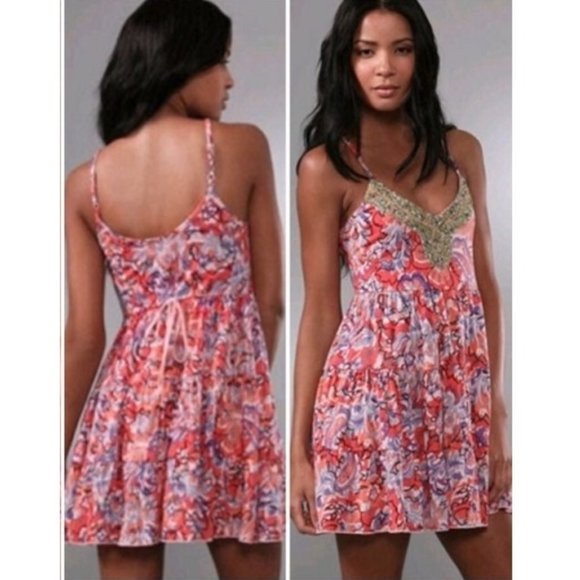 Free People Coral Boho Beaded Floral Mini Dress - Picture 1 of 4